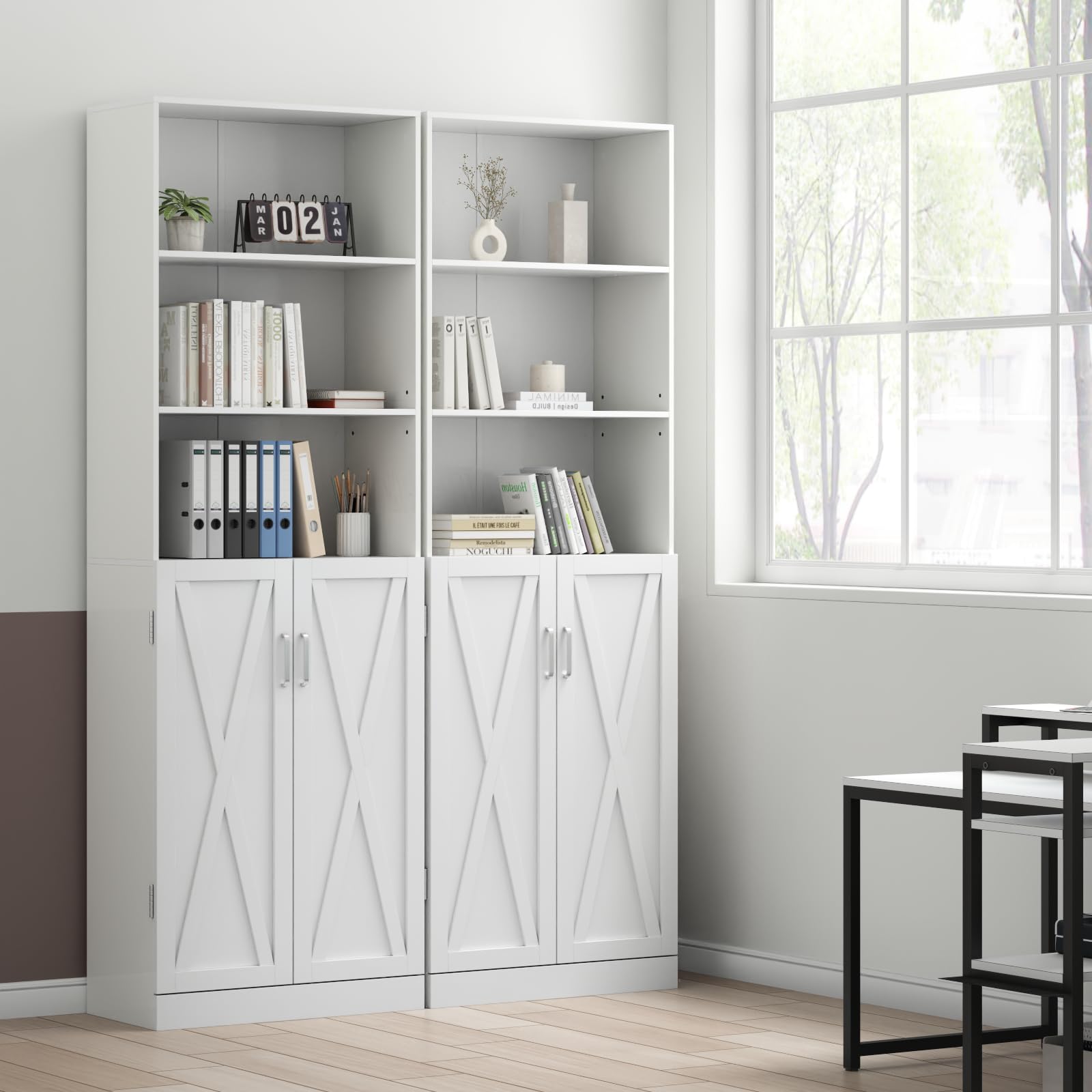 Loomie Industrial Bookshelf with Door, 6 Tier Farmhouse Book Shelf with Adjustable Shelves,70" Tall Display Etagere Bookcase