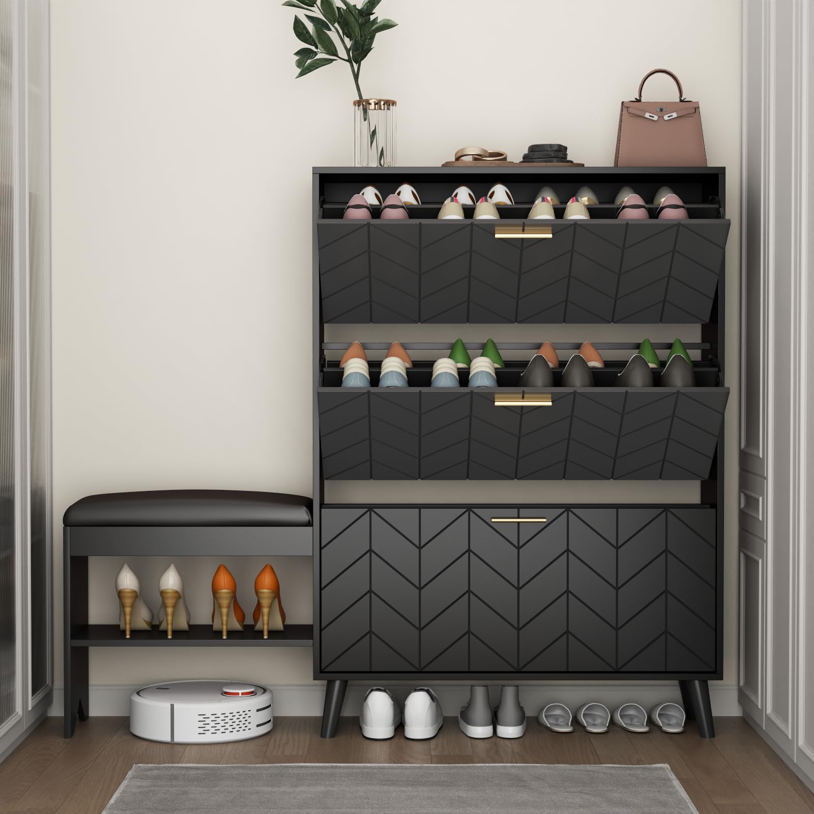 Loomie Shoe Cabinet w/3 Flip Drawers, Shoe Storage Cabinet w/Bench for Entryway, Freestanding Narrow Hidden Shoe Rack Organizer