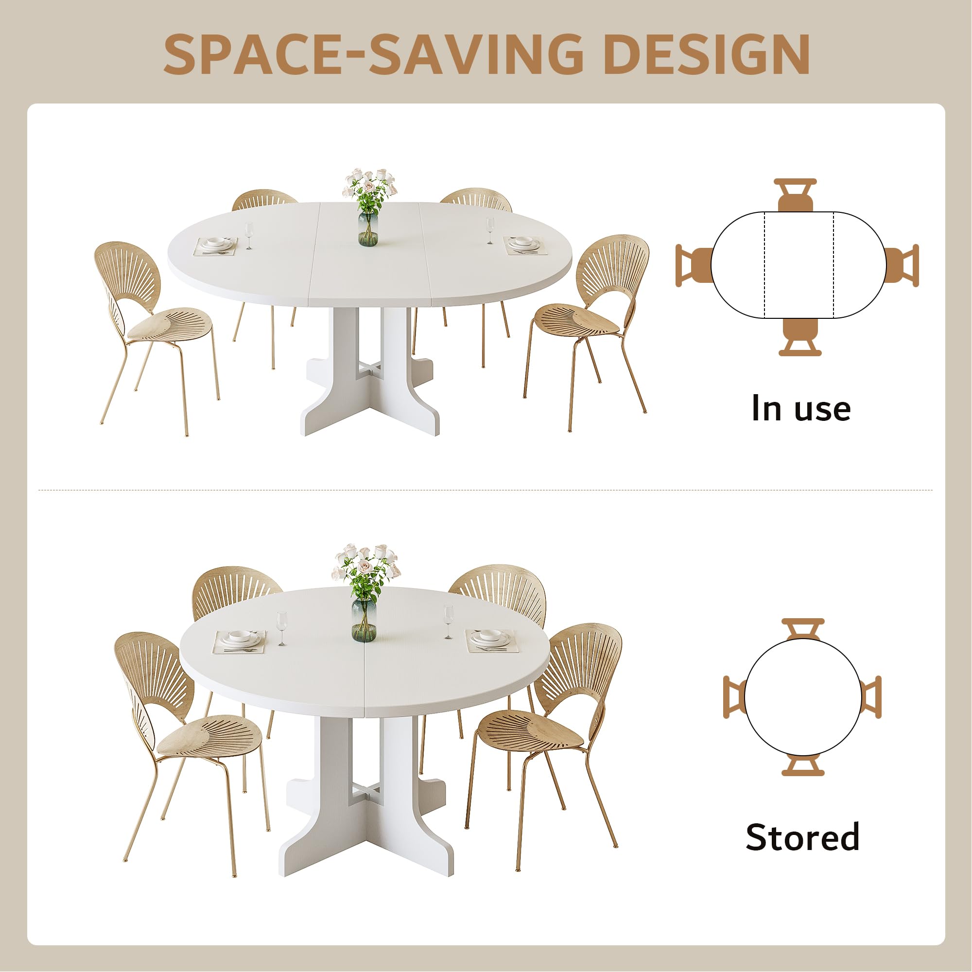 iPormis 59" Extendable Round Dining Table for 4-6, Modern Kitchen Table with Heavy Duty Pedestal Base & Wooden Top