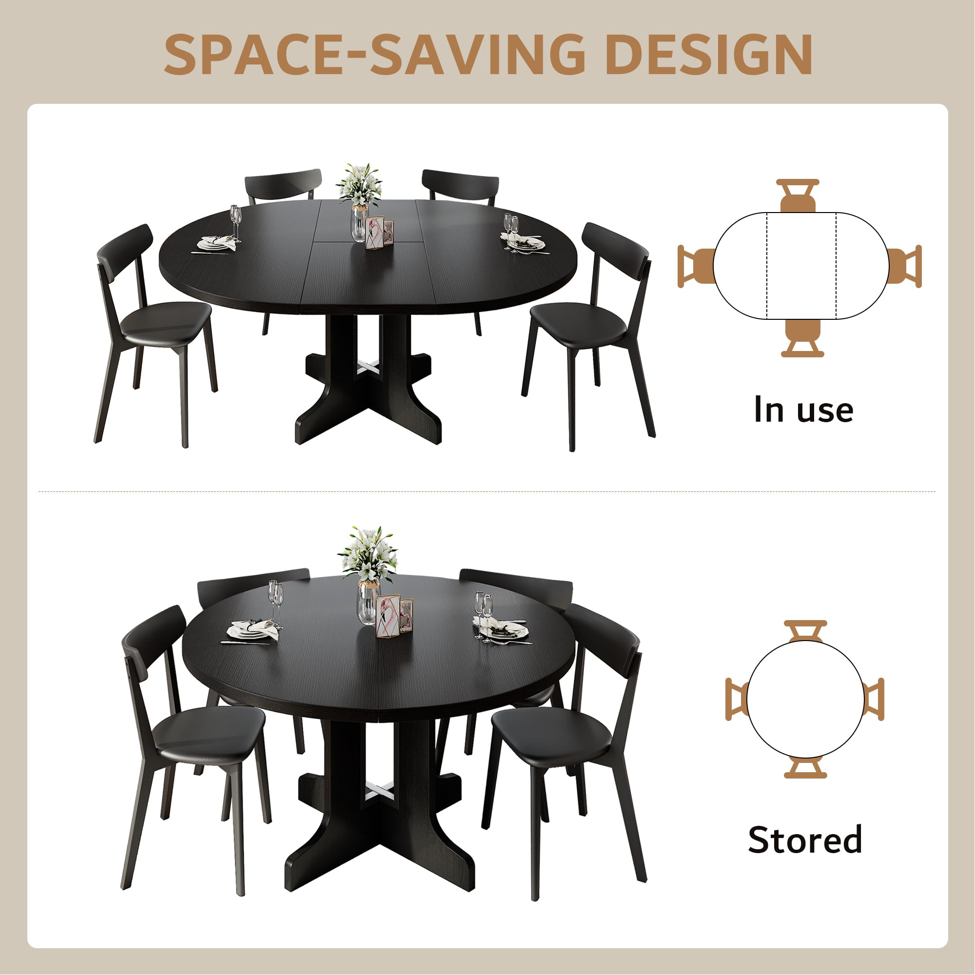 iPormis 59" Extendable Round Dining Table for 4-6, Modern Kitchen Table with Heavy Duty Pedestal Base & Wooden Top