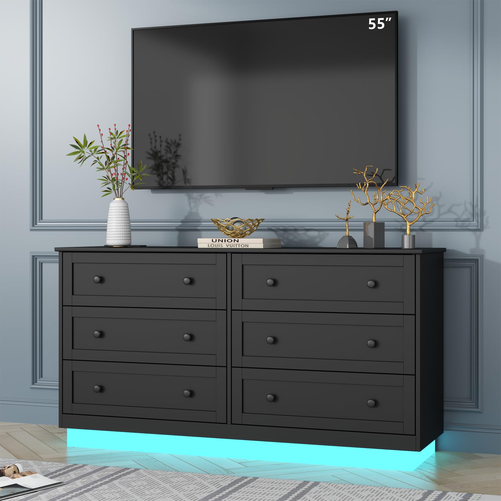 Loomie 6 Drawer Dresser, Modern Drawer Chests with Power Outlet and Led Light, Wide Chest of Drawers for Storage and Organization