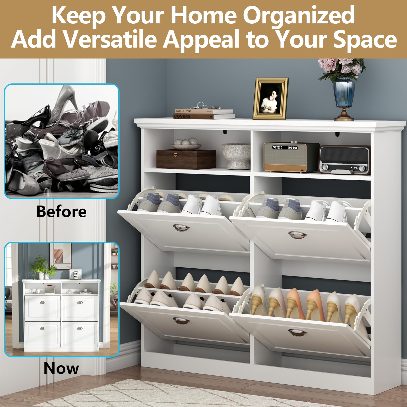 Loomie Shoe Cabinet with 4 Flip Drawers, Freestanding Shoe Storage Cabinet with Open Shelves