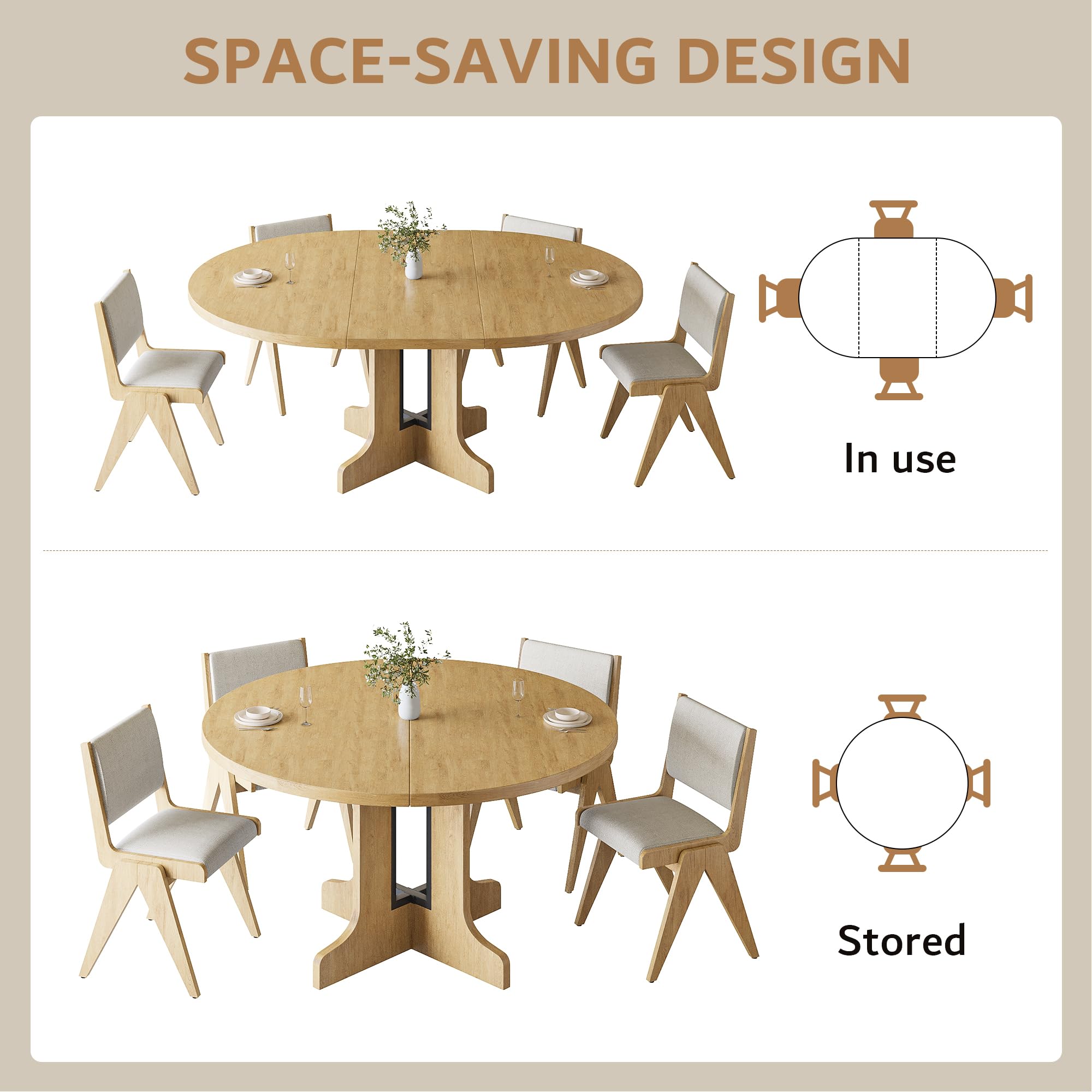 iPormis 59" Extendable Round Dining Table for 4-6, Modern Kitchen Table with Heavy Duty Pedestal Base & Wooden Top