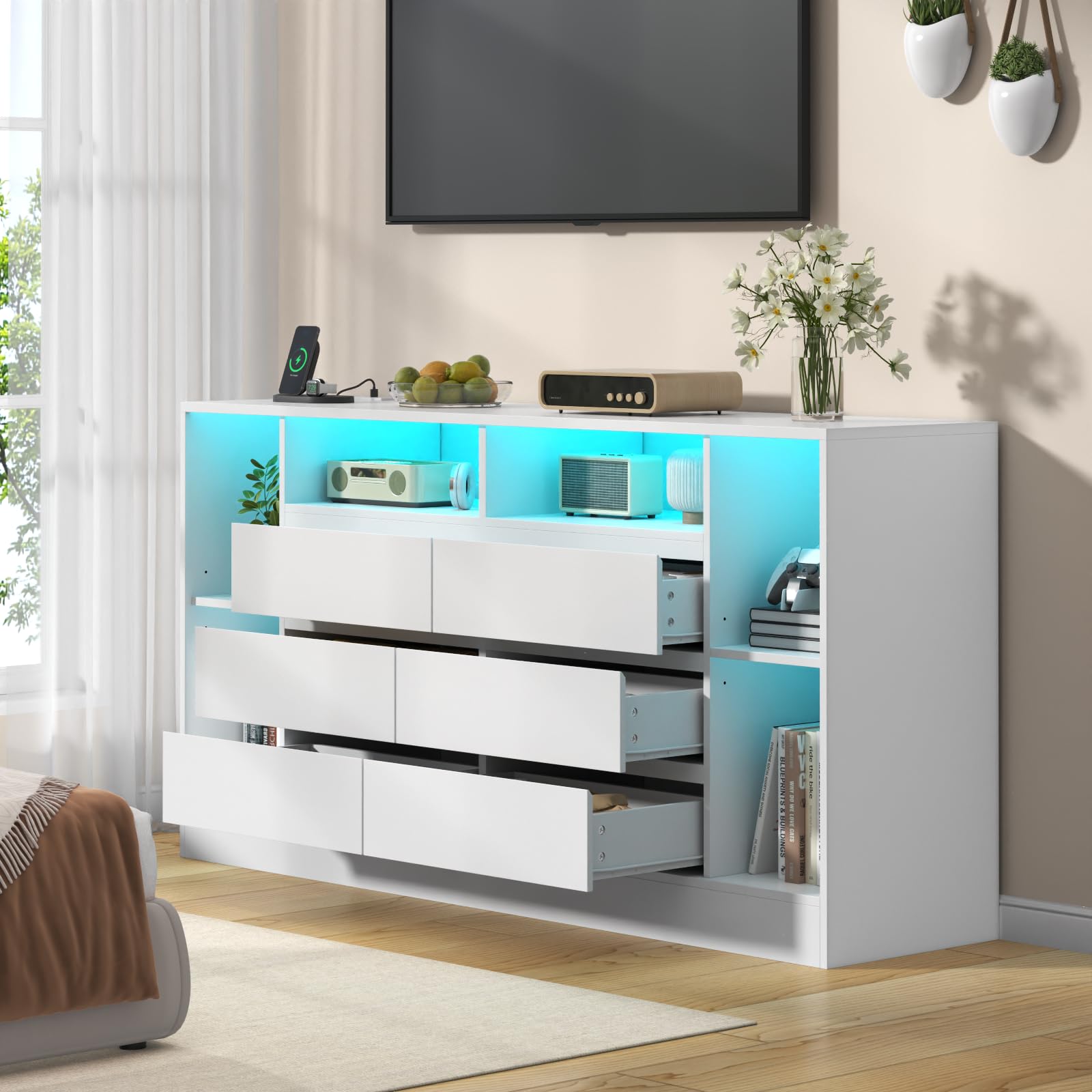 Loomie 6 Drawers Dresser with 6 Open Storage Cubbies, LED Dressers & Chests of Drawers with Power Outlet
