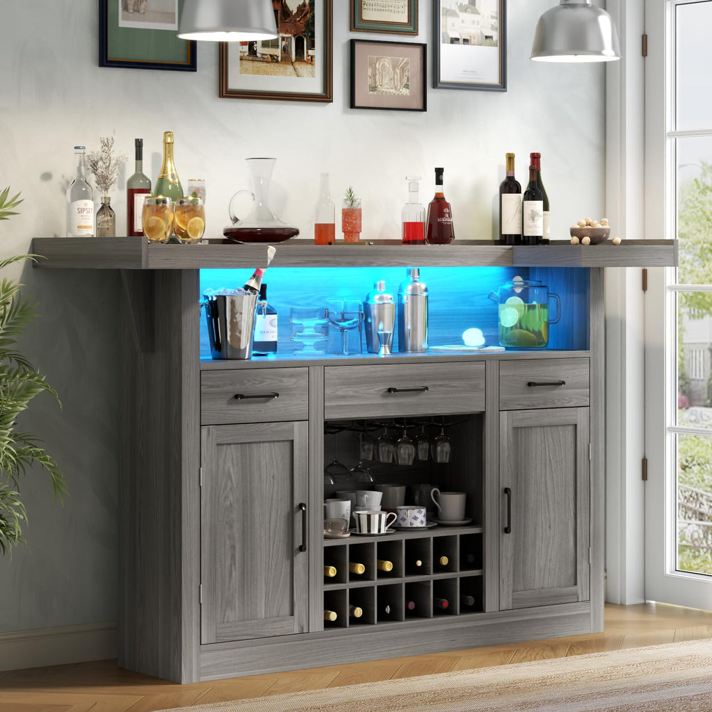 Loomie Bar Table Cabinet with LED & 3 Drawers,Liquor Bar with Adjustable Storage Shelves & Stemware Holders, Crescent Shaped Counter for Home Pub