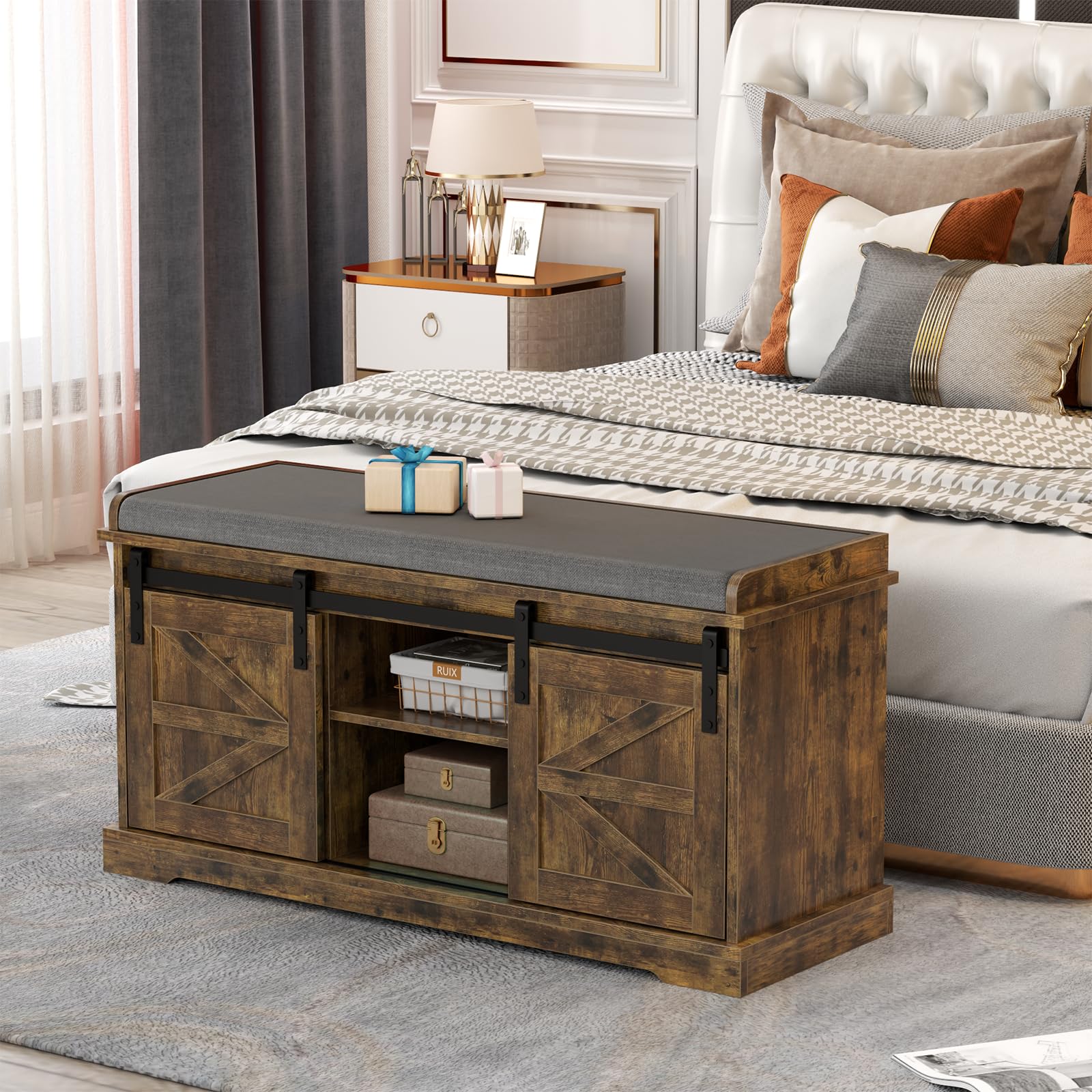 Loomie Shoe Storage Bench, 2-Tier Farmhouse Entryway Bench with Sliding Barn Door Storage Cabinets