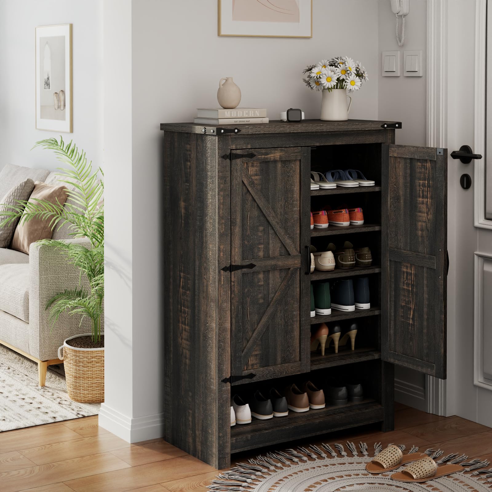 Loomie Shoe Cabinet with Doors, 7-Tier 28 Pair Shoe Cabinet Storage for Entryway, Hidden Narrow Shoe Cabinets with Adjustable Shelves